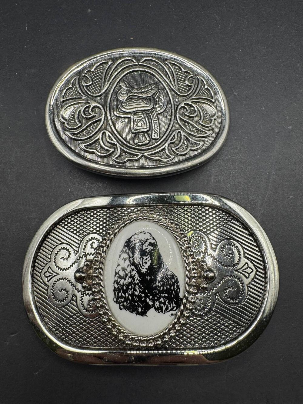 Lot of 2 Vintage Avon Silver Tone Belt Buckles Saddle and Dog Portrait Design